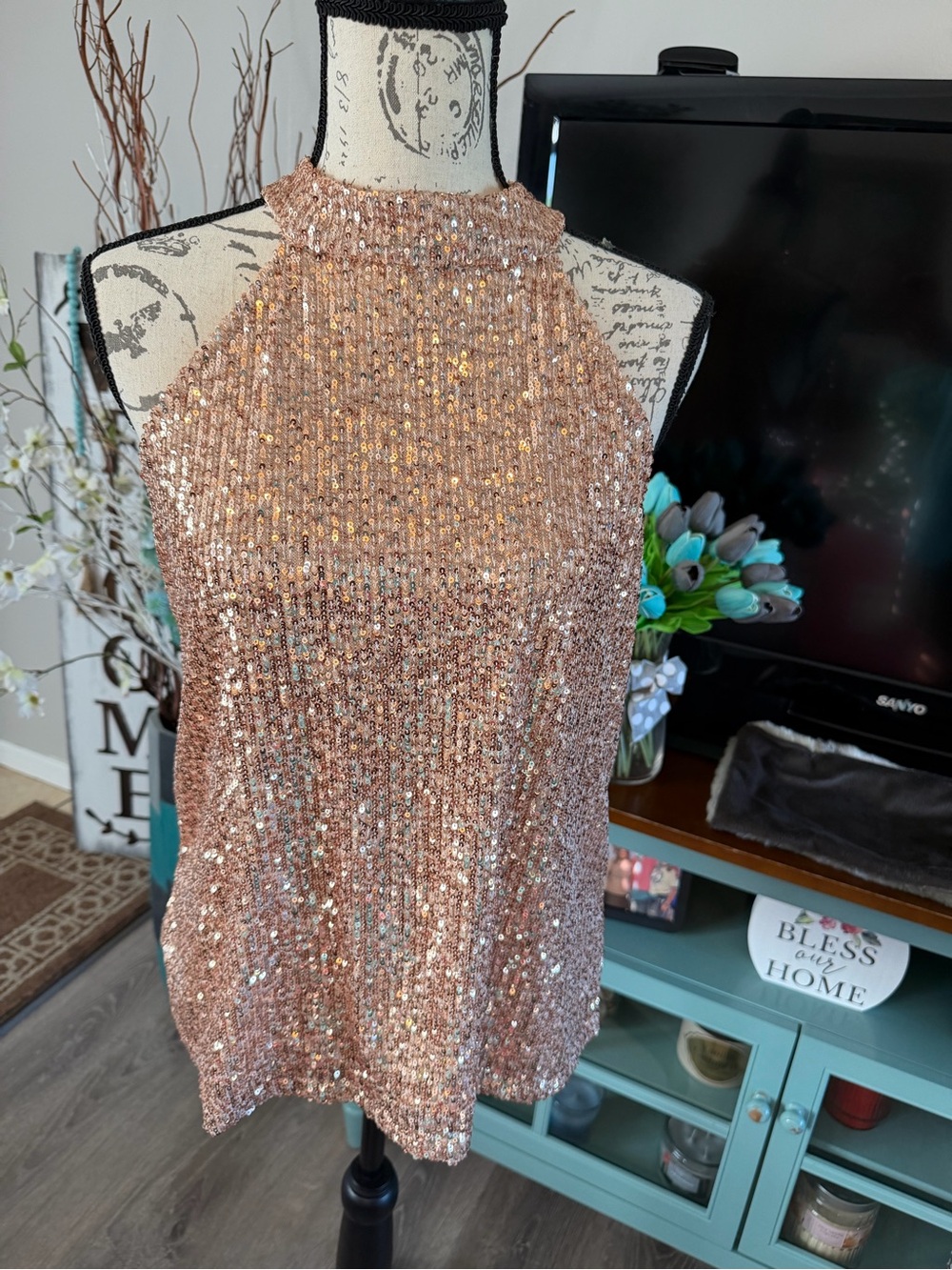 The Limited Rose Gold Sequin Halter Camisole Size Medium